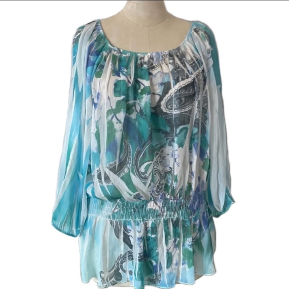 Pretty Woman green & blue blouse with scooped neck & dropped shirred waist. XL